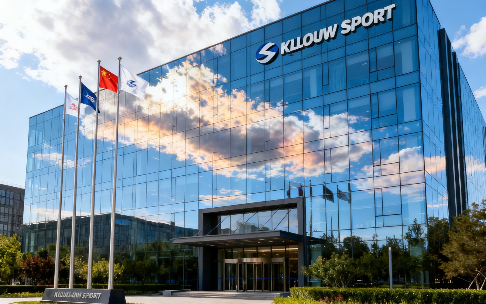 开云体育北京总部办公楼外景，现代风格玻璃幕墙建筑在晴日下反射天空云彩，楼前旗杆悬挂企业旗帜，入口处绿植环绕环境优美
